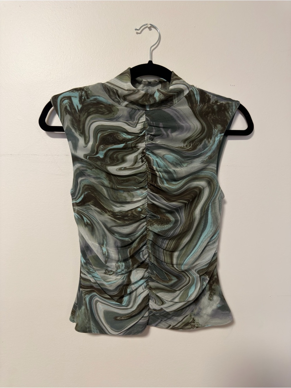 AFRM Marble-Print Mock Neck Camisole in Teal and Gray